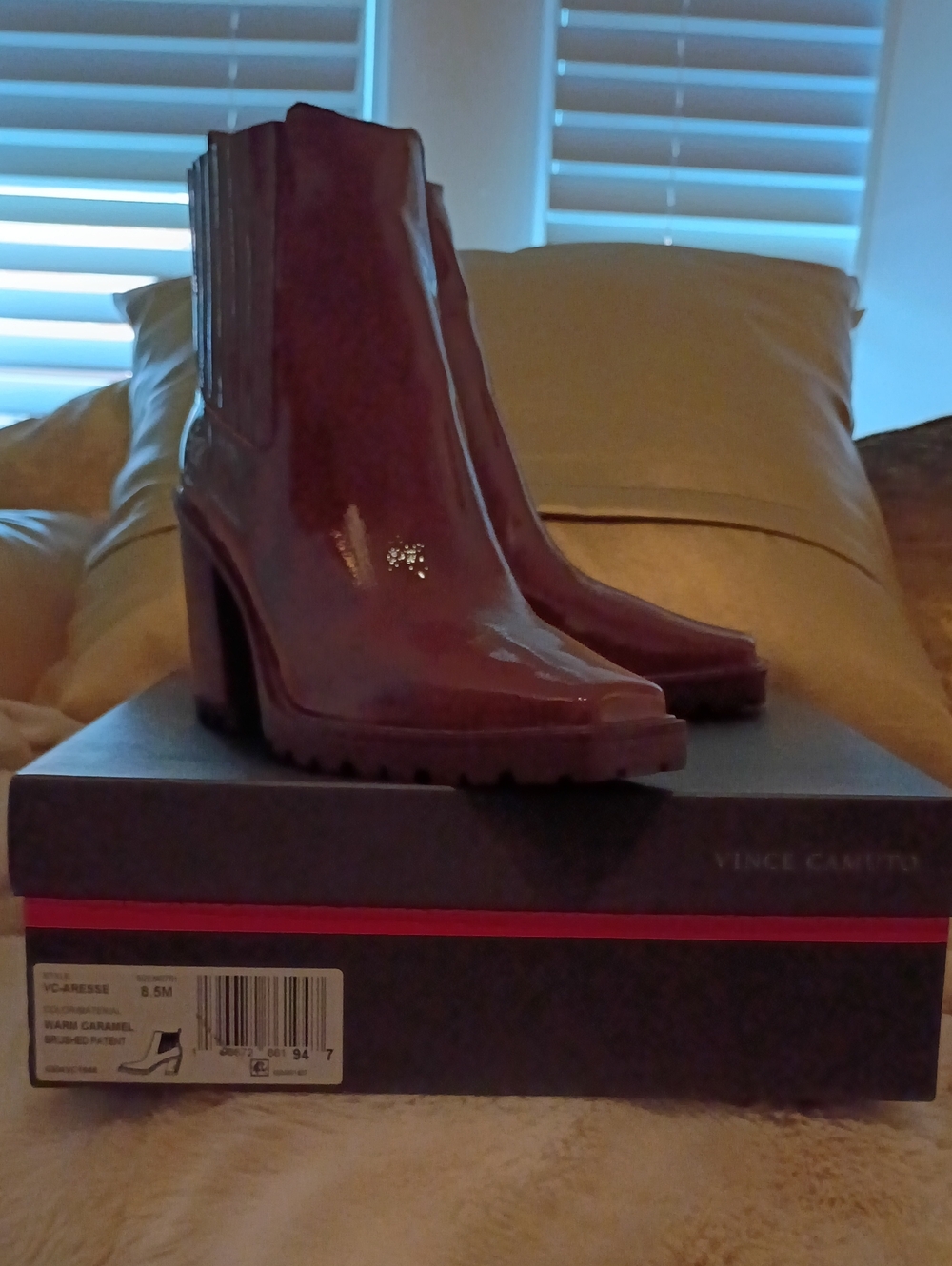 Vince Camuto Glossy Dark Caramel Patent Ankle Booties